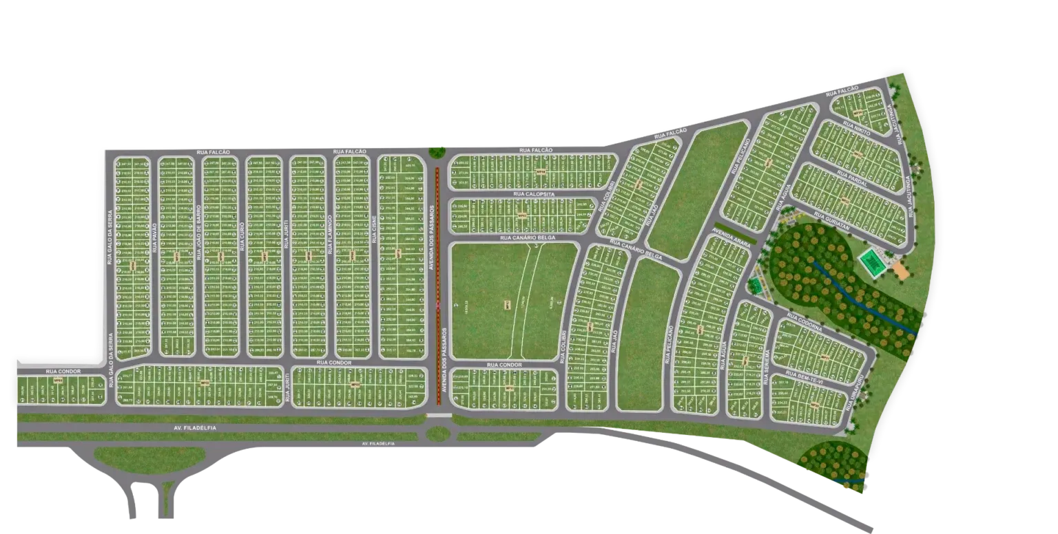 Implantação do bairro com ruas, quadras e lotes